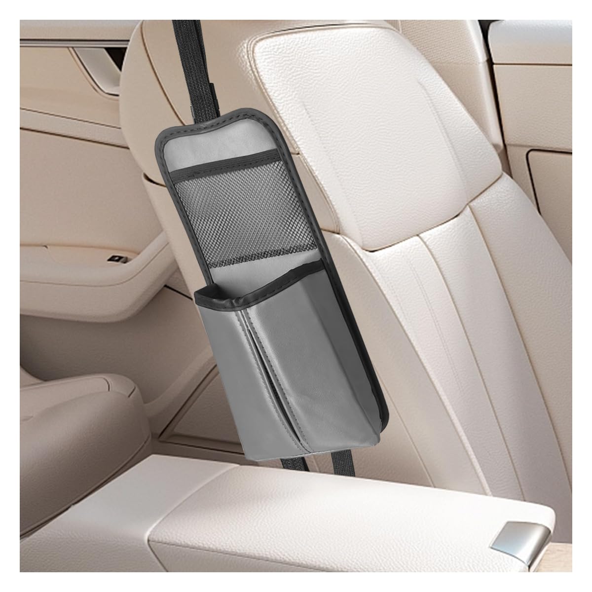 Photo 1 of 2-in-1 Tissue Holder Car Seat Storage Hanging Bag- Multi-Function Water Bottle Holder Bag Car Seat Side Organizer for Phone & Drink- Large Cup Holder Auto Stuff Holder with Mesh Pocket for Cars (Grey)