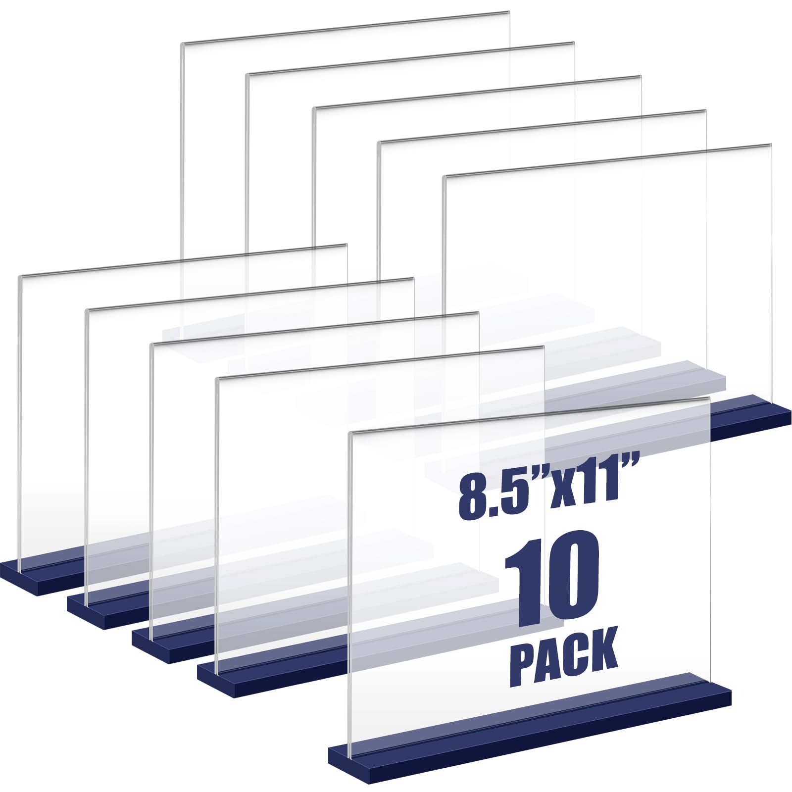 Photo 1 of Tellingyou 10 Pieces Acrylic Sign Holder 8.5 x 11 Inch Horizontal Clear Plastic Sign Holder Double Sided T Shape Table Top Display Stand Acrylic Frame for Restaurants Offices (Navy Blue)