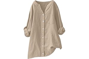 Tunic Tops to Wear with Leggings Casual V Neck Button Down Shirts Loose Long Sleeve Cotton Linen Blouses with Pocket