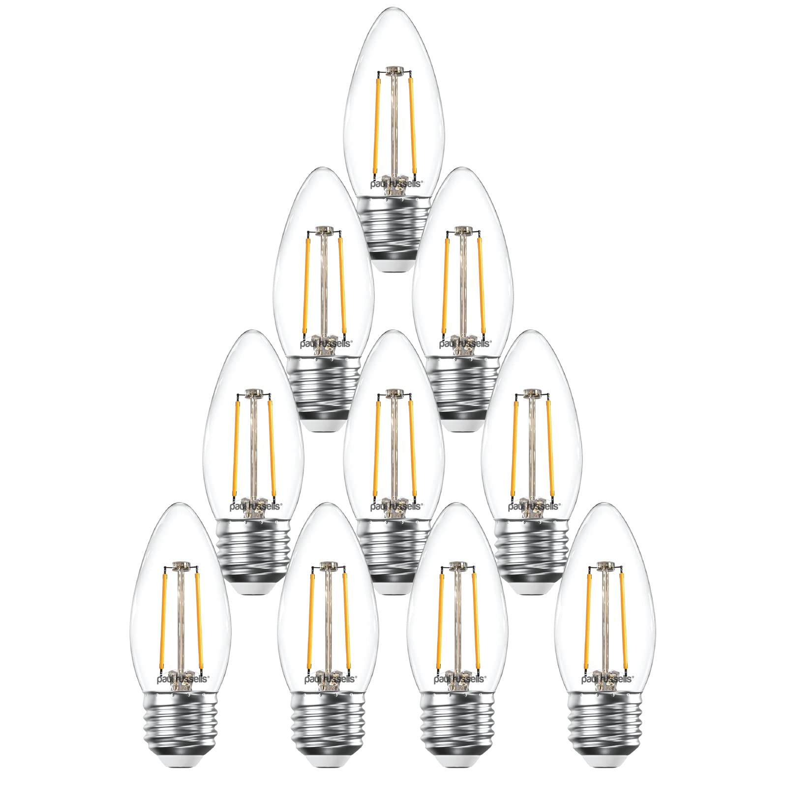 paul russells LED Candle Filament Light – 2.5W 25W Equivalent Replacement, 250LM Lumens, 2700K Warm White, ES E27 Edison Screw C35 Bulbs – Bright Energy Saving Non-Dimmable Lamps - Pack of 10