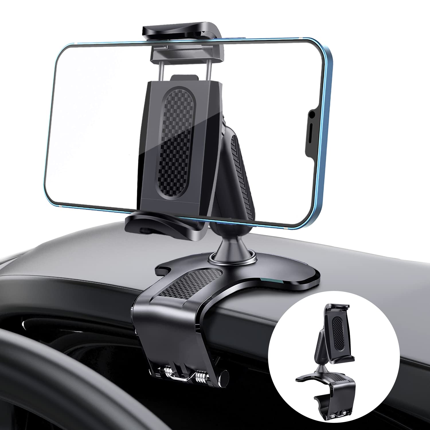 Hoembpn Dashboard Phone Holder for Car 360 Degree Rotation Multi-function Sun Visor Rearview Mirror Clip On Mobile Phone Mount Adjustable Automobile Cradle Suitable for 4.7-7.2 inch Smartphone and GPS