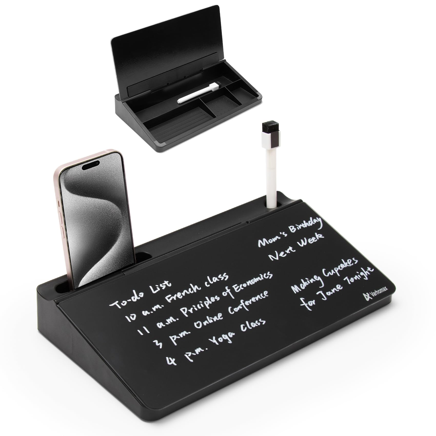 Photo 1 of ***Factory seal***

Varhomax Glass Desk Buddy Whiteboard with Storage, Small Dry Erase Desktop White Board Caddy to-do List Memo Notepad for Office, School and Home Office Supplies (Black)