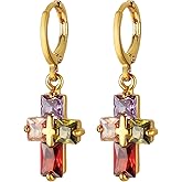 HZMAN Cross Earring for Women 14K Gold Plated Hypoallergenic Dangle Hoop Earrings Dainty Crystal Cubic Zirconia Earrings