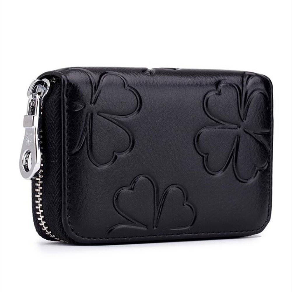 AprinCtempsD RFID Blocking Women's Credit Card Holder Genuine Leather Ladies Small Card Wallet with Zipper Mini Card Purse Floral Coin Purse (Black)
