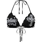 SOLY HUX Women's Y2k Gothic Graphic Halter Top Tie Backless Crop Bralette | Sleeveless, Punk Style, Strappy, Triangle, Party, Summer