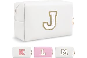 CHAOGREAT Small Personalized Initial A-Z Preppy Patch Makeup Bag,White PU Chenille Letter Travel Cosmetic Pouch with Zipper,Cute Toiletry Bag,Gift Ideal for Teen Girls Women Teacher Bridesmaid,Letter J
