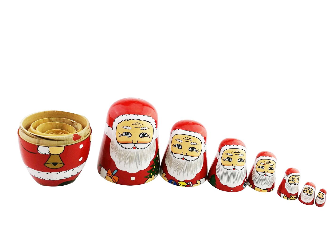 Winterworm Cute Creative Santa Claus's Bringing Kinds of Gifts to You Pattern Handmade Wooden Matryoshka Dolls Russian Nesting Dolls Set 7 Pieces for Kids Toy Birthday Home Decoration