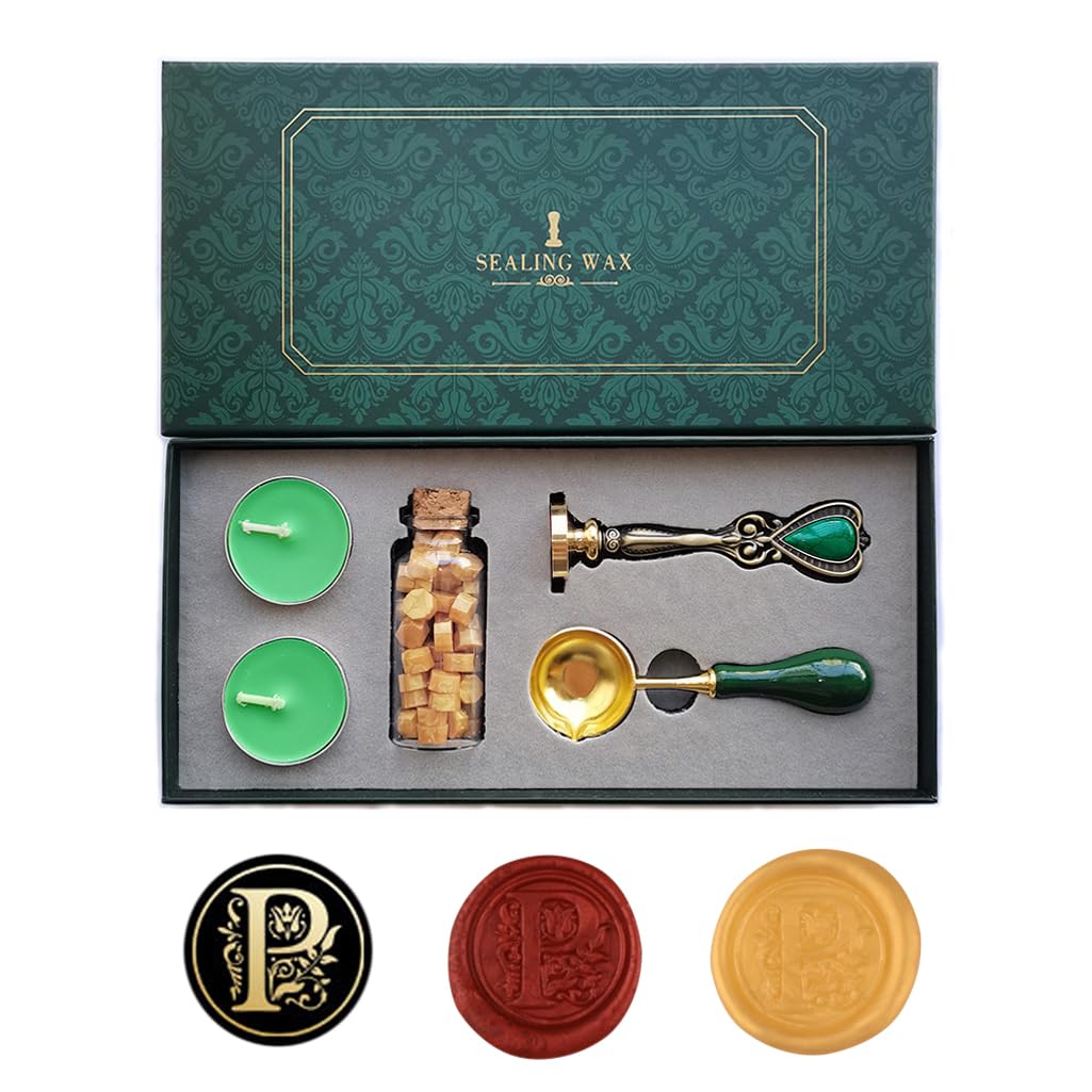Fancy Letters P Wax Seal Stamp Set, AMTOL European style Wax Seal Stamp Kit Gift Box Set, Vintage Personalized Sealing Stamp for Letter Cards Invitations(P)