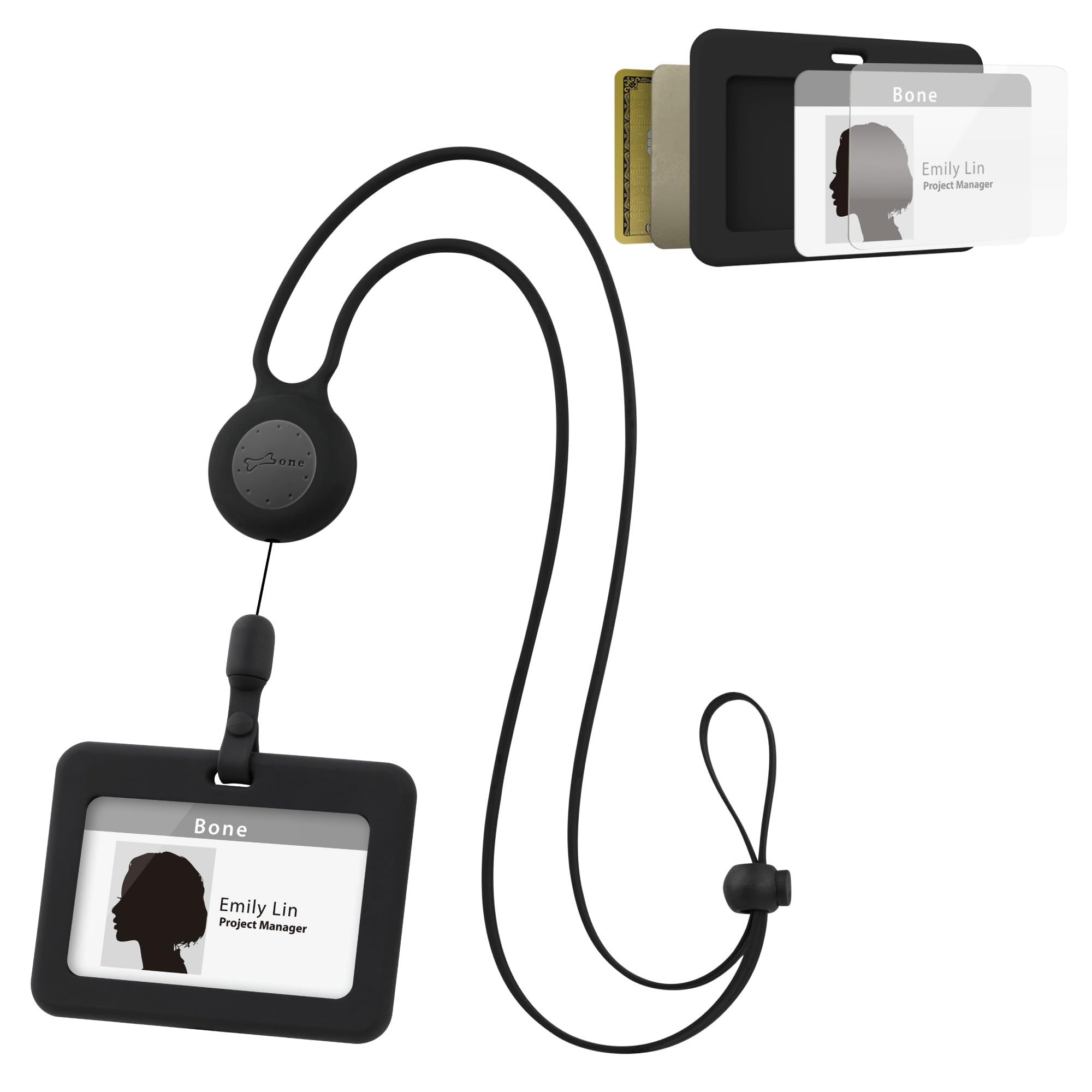 【Bone】 Lanyard Retractable Badge Holder - ID Badge Holders with Slim Case, Large Capacity, Multiple Cards Slot,Interchangeable Lanyard Strap (Hor-Black)
