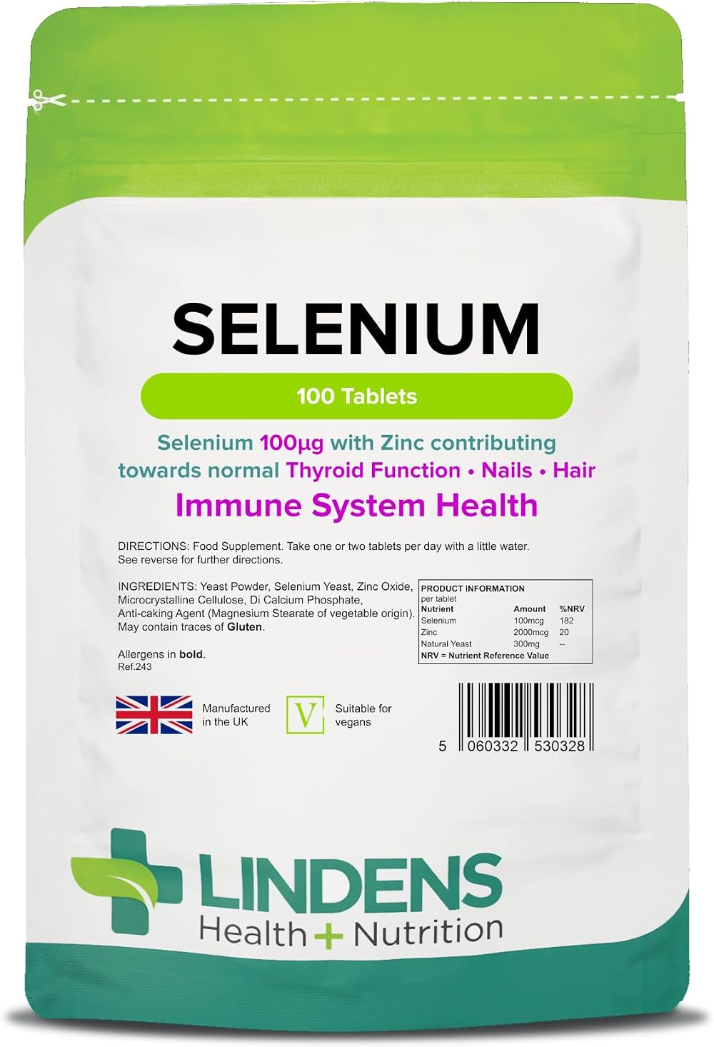 Lindens Selenium 100mcg & Zinc 100 Tablets UK Made Vegan Friendly