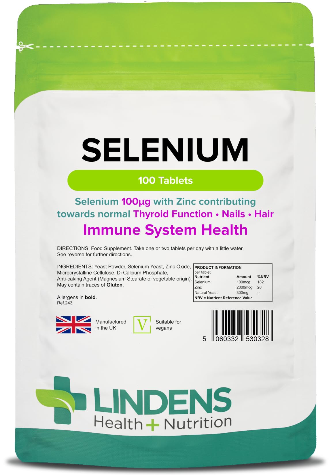 Lindens - Selenium 100mcg & Zinc - 100 Tablets - UK Made - Contributes to Healthy Skin, Nails & Hair, Promotes Immunity & Thyroid Function - Vegan Friendly, GMP & Letterbox Friendly
