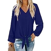 LYANER Women's Casual V Neck Long Sleeve Tie Front Knot Button Down Shirt Blouse Top