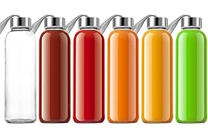 QCen 18oz Clear Glass Bottle for Juicing, Reusable Glass Water Bottles for Juicer Machine, with Stainless Steel Leak-Proof Lids, Wide Mouth Liquid Storage Containers, BPA Free, Set of 6