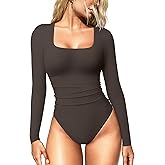 OQQ Women's Bodysuits Ruched Long Sleeve Square Neck Lounge Stretch Travel Bodysuits