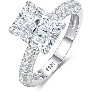 AVECON 4CT Radiant Cut Moissanite Engagement Ring for Women | D Color VVS1, Lab Created Moissanite, Sterling Silver, White/14