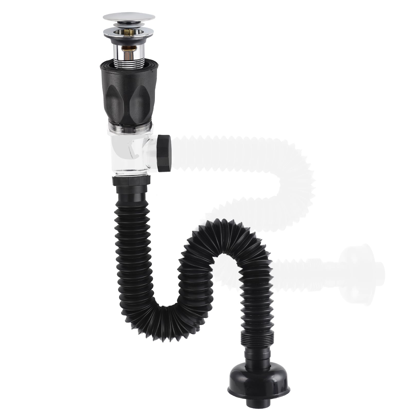 Hibbent Drain Sink Set for Bathroom Sink, Universal Pop Up Click Clack Basin Waste with Flexible Waste Pipe, Sink Waste Kit,Odour-Proof and Leakproof -Chrome