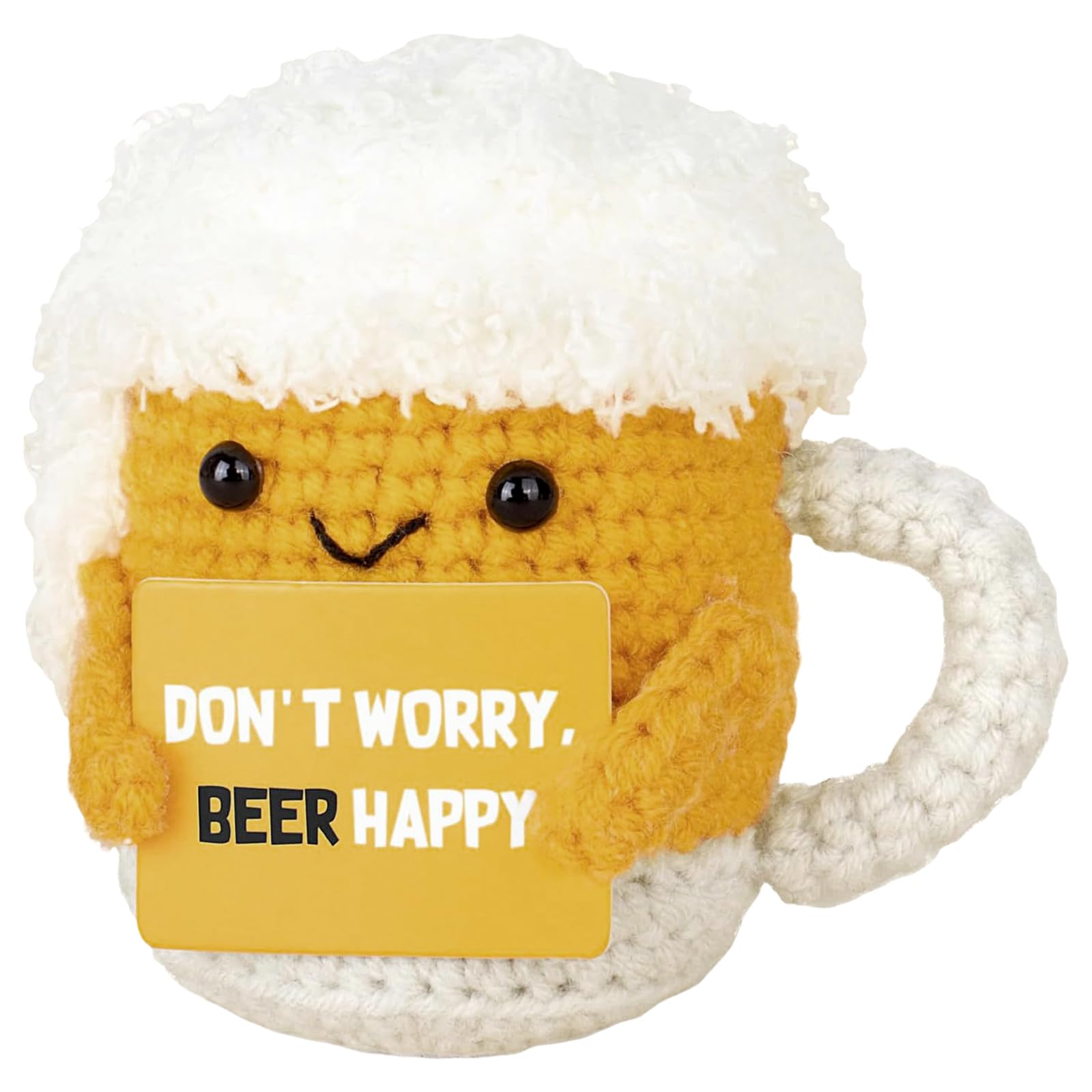 LEBKFT Handmade Crochet Beer Mug Doll with Inspirational Cards, Soft & Cute Emotional Support Gift Unique Office Desk Decor Funny Gift for Adults and Beer Lover Gifts (Beer)