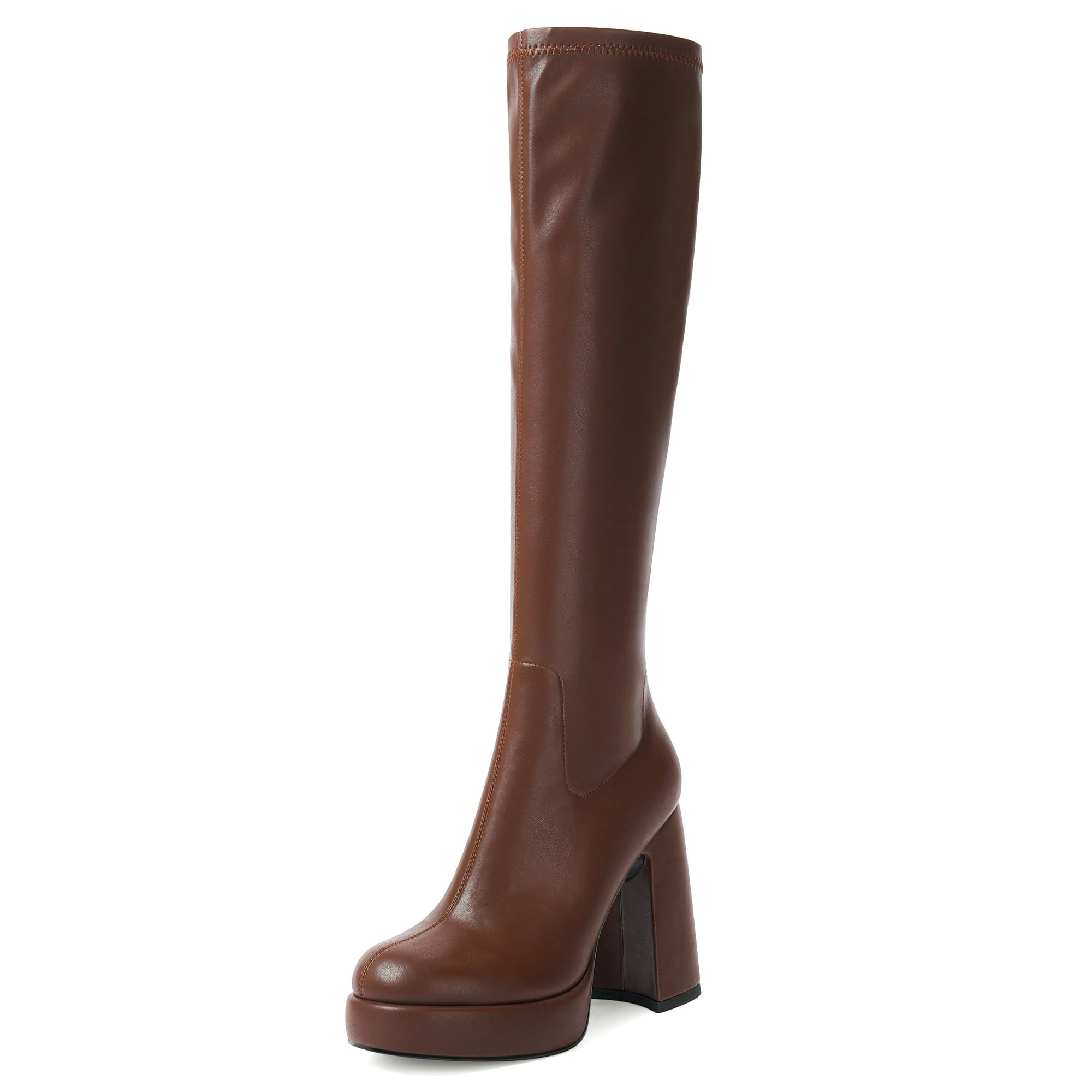 Photo 1 of Modatope Platform Boots for Women Chunky Heel Knee High Boots Brown Womens Side Zipper Rounded Toe Tall Boots for Women Size 10