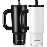 2 Pack 24oz Tumbler with Handle and Straw | Insulated Stainless Steel Travel Mug, Leakproof Lid Double-Wall Vacuum Cup for Hot & Cold Beverages - Fits Cup Holder, for Coffee, Tea, Water, White & Black