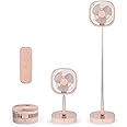 Portable Pedestal Fan - Foldaway Standing Fan Foldable Desk Fan, Use 7200Mah Rechargeable Battery, Remote Control Telescopic 4 Speed Quiet Timer Fan for Home Kitchen Outdoor Camping (Pink)