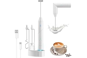 FLELANO Milk Frother Handheld,USB-C Rechargeable Coffee Frother Wand, Electric drink mixer with Charging Base&3 Heads,3 Speeds Adjustable, Electric Whisk Drink Mixer Handheld with Stand for Coffee, Egg White