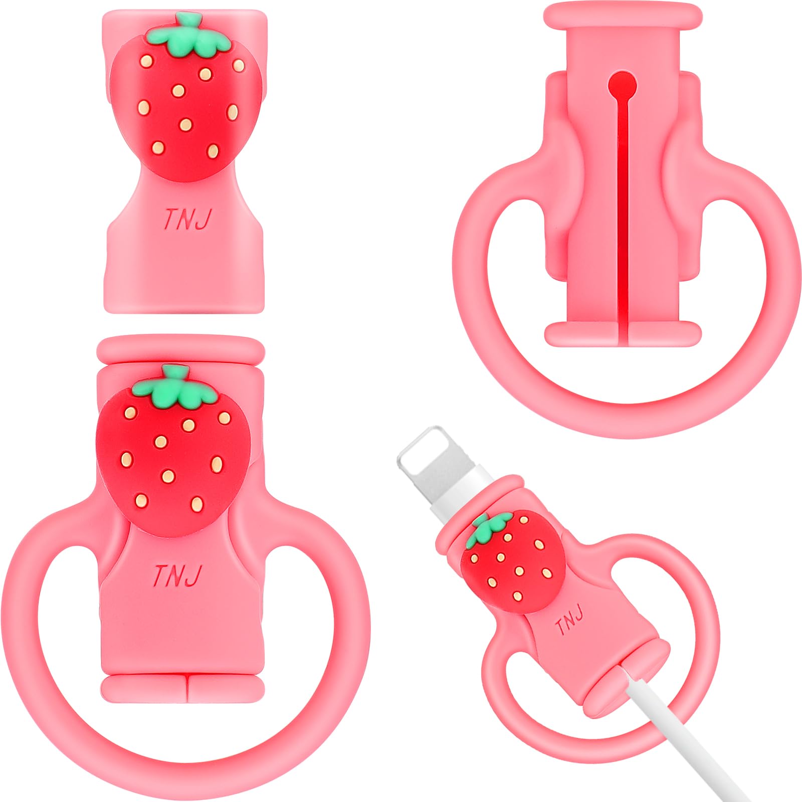 SAISN Cable Protector for iPhone Charger, Silicone Cute Strawberry Wire Protector 2 in 1 Flexible Anti-Break Charging Cable Saver Winder