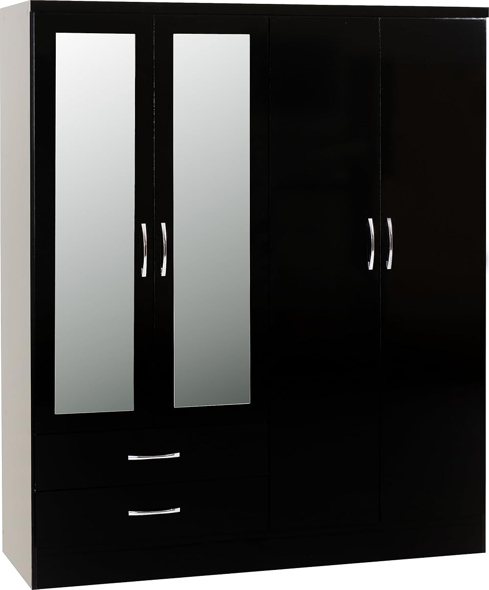 Seconique Nevada 4 Door 2 Drawer Wardrobe Black Gloss W1540mm