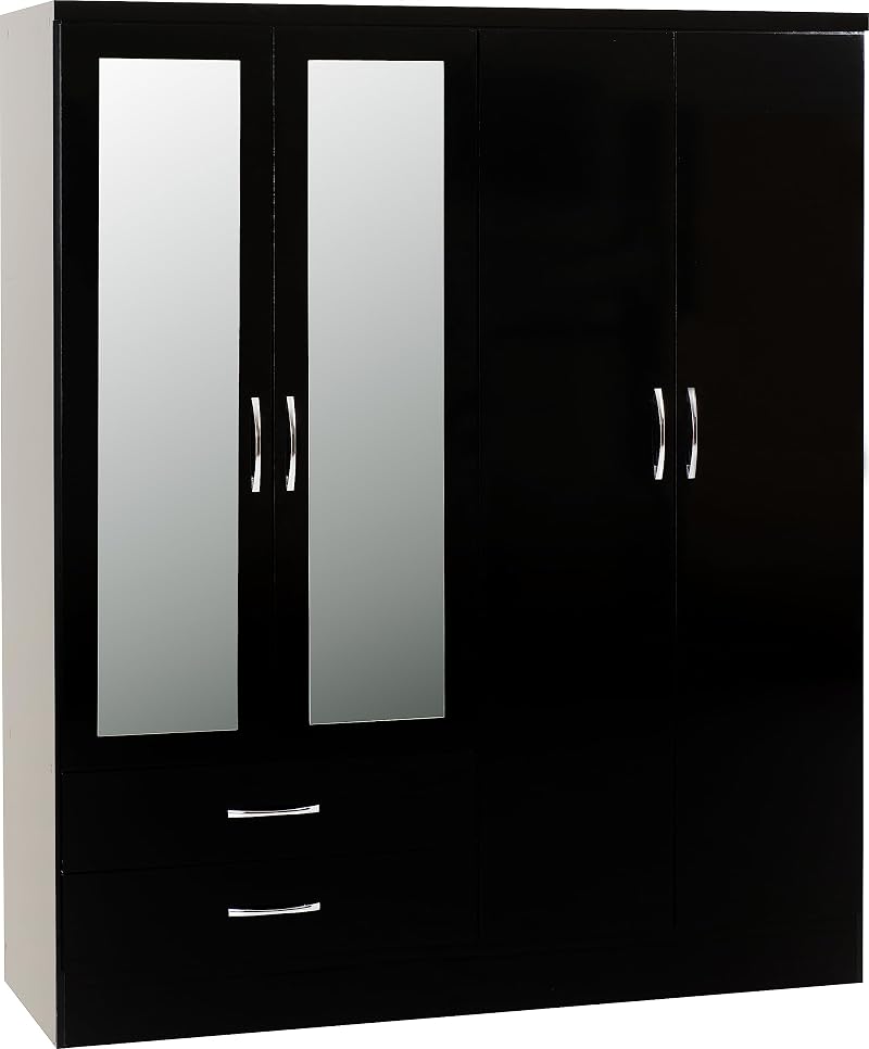 Seconique Nevada 4 Door 2 Drawer Wardrobe Black Gloss W1540mm