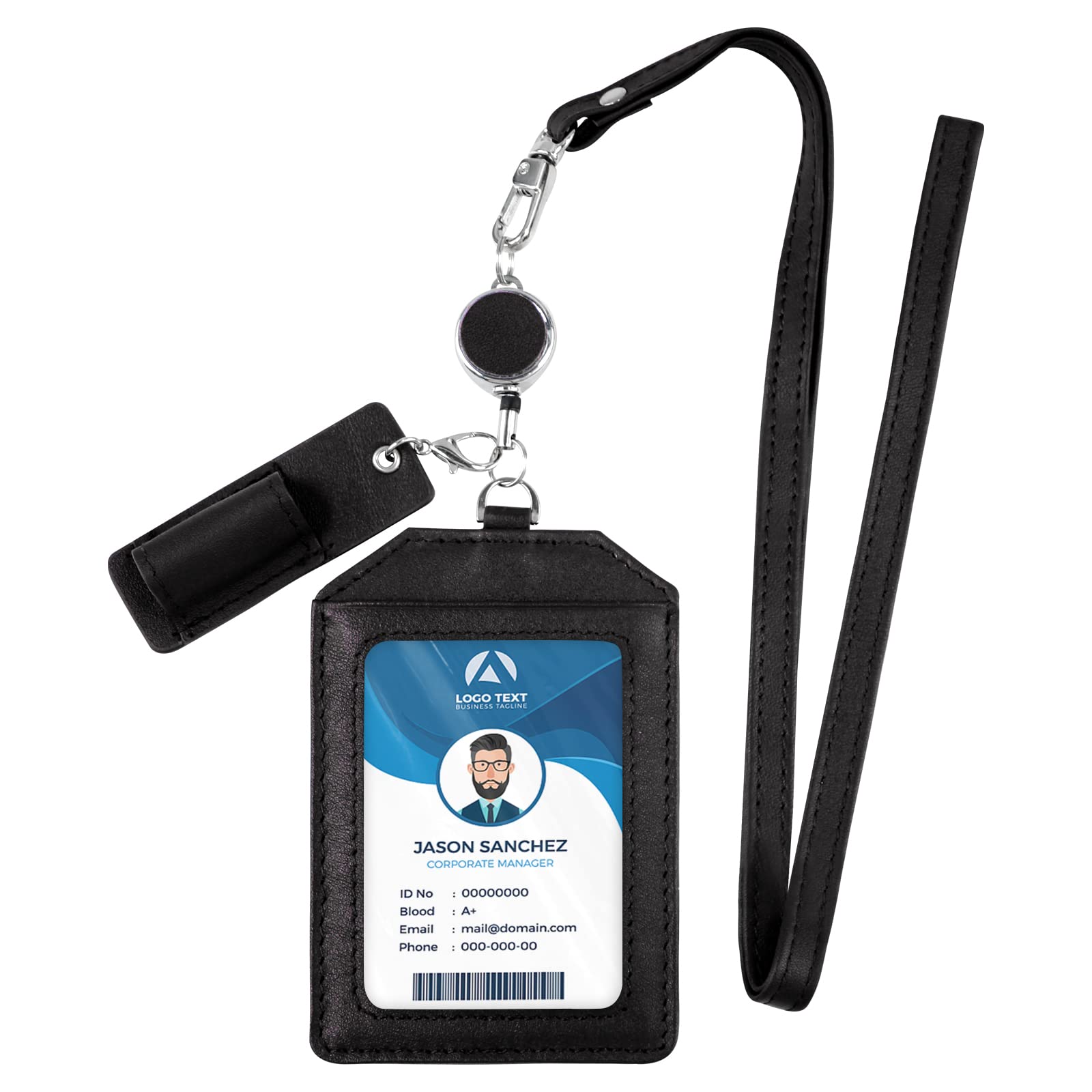 Leather Badge Holder Vertical Style, Boshiho Genuine Cowhide Leather Credit ID Card Holder Stretch Neck Lanyard and Pen Holder for Office (Black)