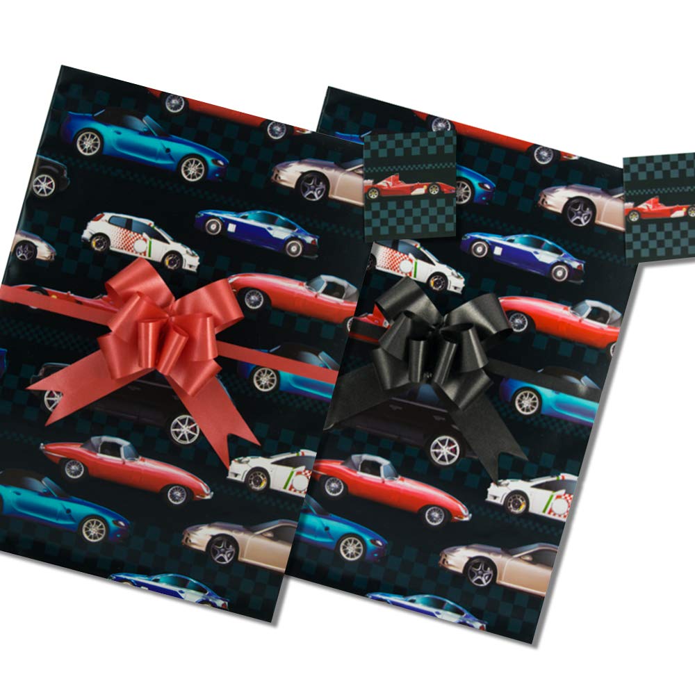 Dream Cars, Gift Wrap Pack, 2 Sheets, 2 Matching Tags and 2 Pull Bows, Black/Red, Arrives in an A4 Boarded Envelope for Protection, Men's Giftwrap, Car Fans, Teens