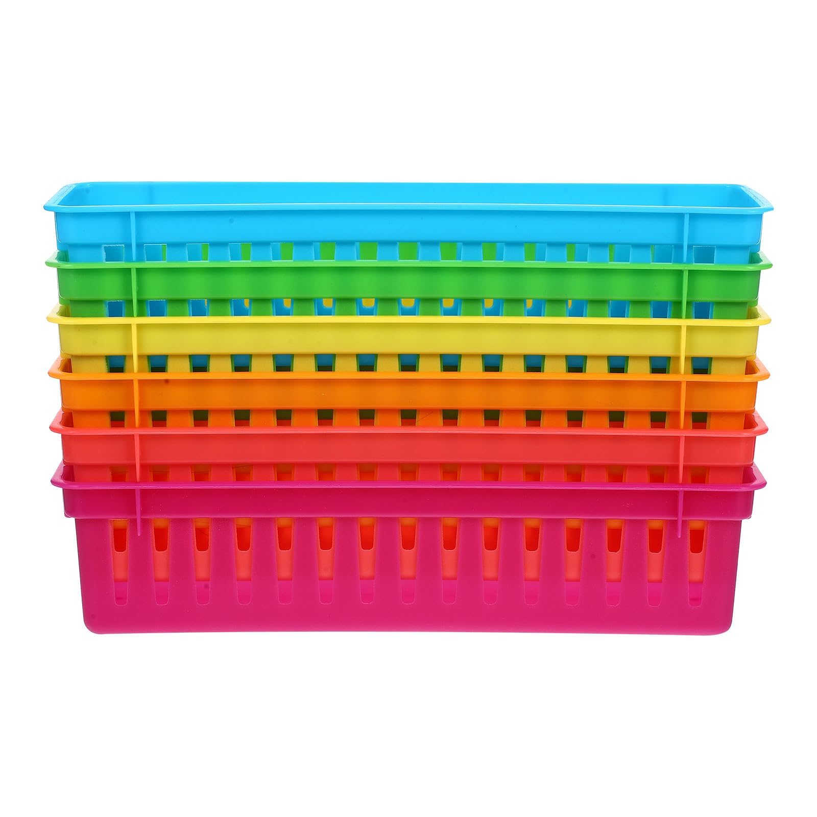 Operitacx 6pcs Plastic Storage Basket for Shelves, Small Pencil Pots for Classroom, Narrow Stationery Organiser Trays, Stackable Pen Dispenser Box for Cupboard Shelf Bathroom Kitchen