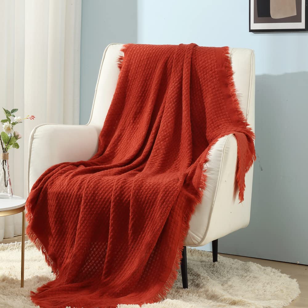 CREVENT - Throw Blanket Decorative Plaid Pattern for Couch Chair Bed Travel Warm Lightweight Soft and Comfortable for All Seasons (50" X 60", Reddish Orange)