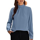 Funlingo Women's Long Sleeve Tops Dressy Casual Mock Neck Work Blouse Fall Trendy Front Pleated Tunic Chiffon Shirts