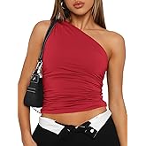 Trendy Queen Women's One Shoulder Tops - Asymmetrical Sleeveless Crop Tops, Sexy Going Out & Workout Shirts for Women