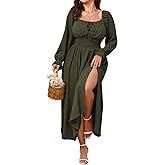 SHESTARR Women's Plus Size Dress Long Sleeve Smocked Dress Square Neck Tie Front Split A-Line Maxi Long Dresses