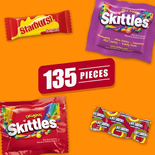 SKITTLES ORIGINAL, SKITTLES WILD BERRY STARBURST & LIFE SAVERS HARD CANDY FUN SIZE FRUITY CANDY ASSORTMENT, 135 CT BULK BAG