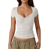 QINSEN Women's Sexy Twist Front V Neck T Shirts Double Lined Short Sleeve Slim Fit Crop Top Trendy Y2K Tops Tee