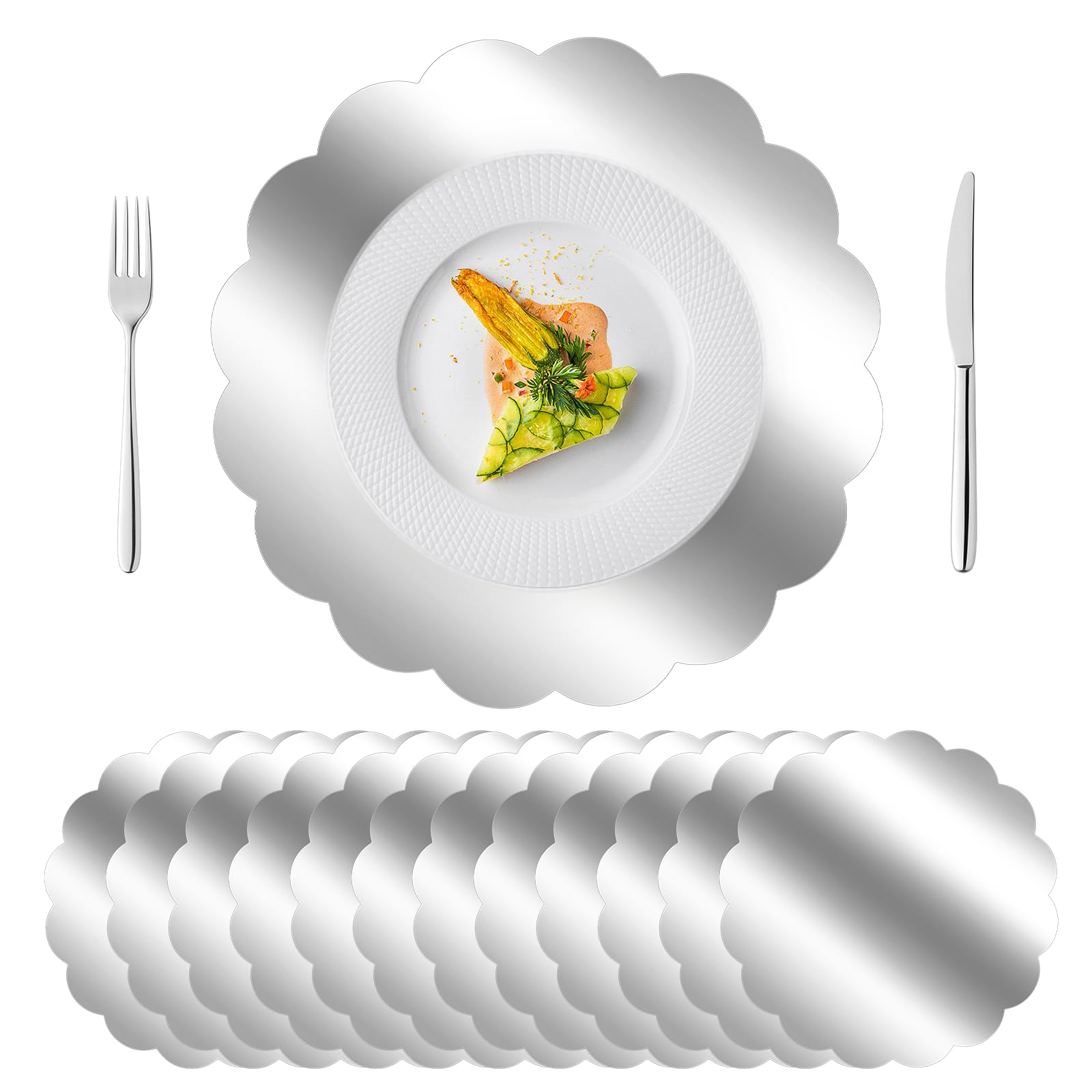 Photo 1 of 100 PCS Scalloped Sliver Placemats, 13.5" Disposable Paper Placemats for Dining Table, Mirrored Sliver Chargers Place Mats for Birthday Banquet, Disposable Place Mats for Party Holiday Wedding