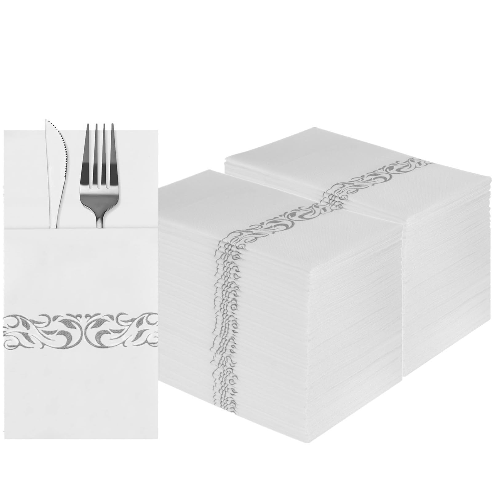 DADAWU 100PCS Cutlery Napkins Pocket White Napkins Diposable Linen Feel Built in Pocket Napkins for Party Wedding Christmas 40 * 40cm,Silver
