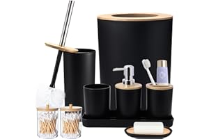 SLDIYWOW Black Bathroom Set, 9 Piece Black Bathroom Accessories with Trash Can, Toothbrush Holder, Toothbrush Cup, Soap Dispenser, Soap Dish, Toilet Brush Holder, 2 Qtip Holders and Tray