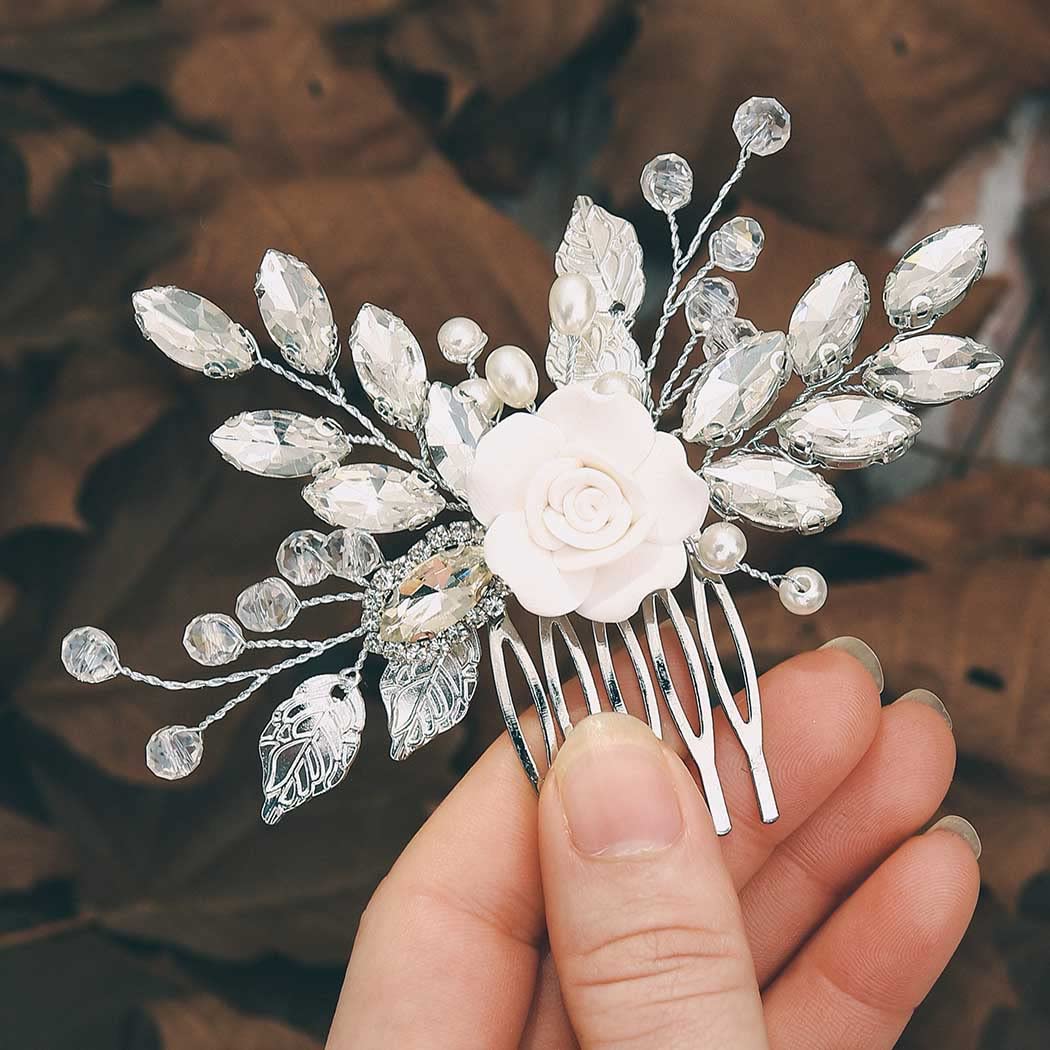 Edary Bridal Wedding Flower Hair Comb Silver Rhinestone Bride Headpiece Leaf Hairclips Crystal Hair Accessories for Women and Girls