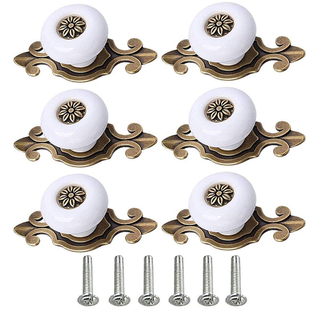 POFET 6pcs Round ceramic Dresser Drawer Cabinet Knobs Vintage Door Handle Ceramics Furniture Pulls for Kitchen Wardrobe Cupboard Kids Room Decorative - White