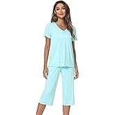 WiWi Viscose from Bamboo Pajamas Set for Women Summer Sleepwear Pjs Comfy Short Sleeve Tops Capri Pants Sets S-XXL