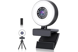 Cnkaite 4K Webcam, HD Autofocus Webcam with Microphone, Adjustable Light Computer Camera with Privacy Cover and Tripod Stand, Plug and Play USB Webcam for Laptop Desktop Video Calling