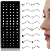 LOLIAS 80-160Pcs Surgical Steel Nose Rings Studs for Women Hypoallergenic | Straight or L Shaped Small Nose Studs Pin,Hypoallergenic 20G 22G Tiny Bone Nose Piercing Jewelry, 1.5/2/2.5/3 mm CZ Mix