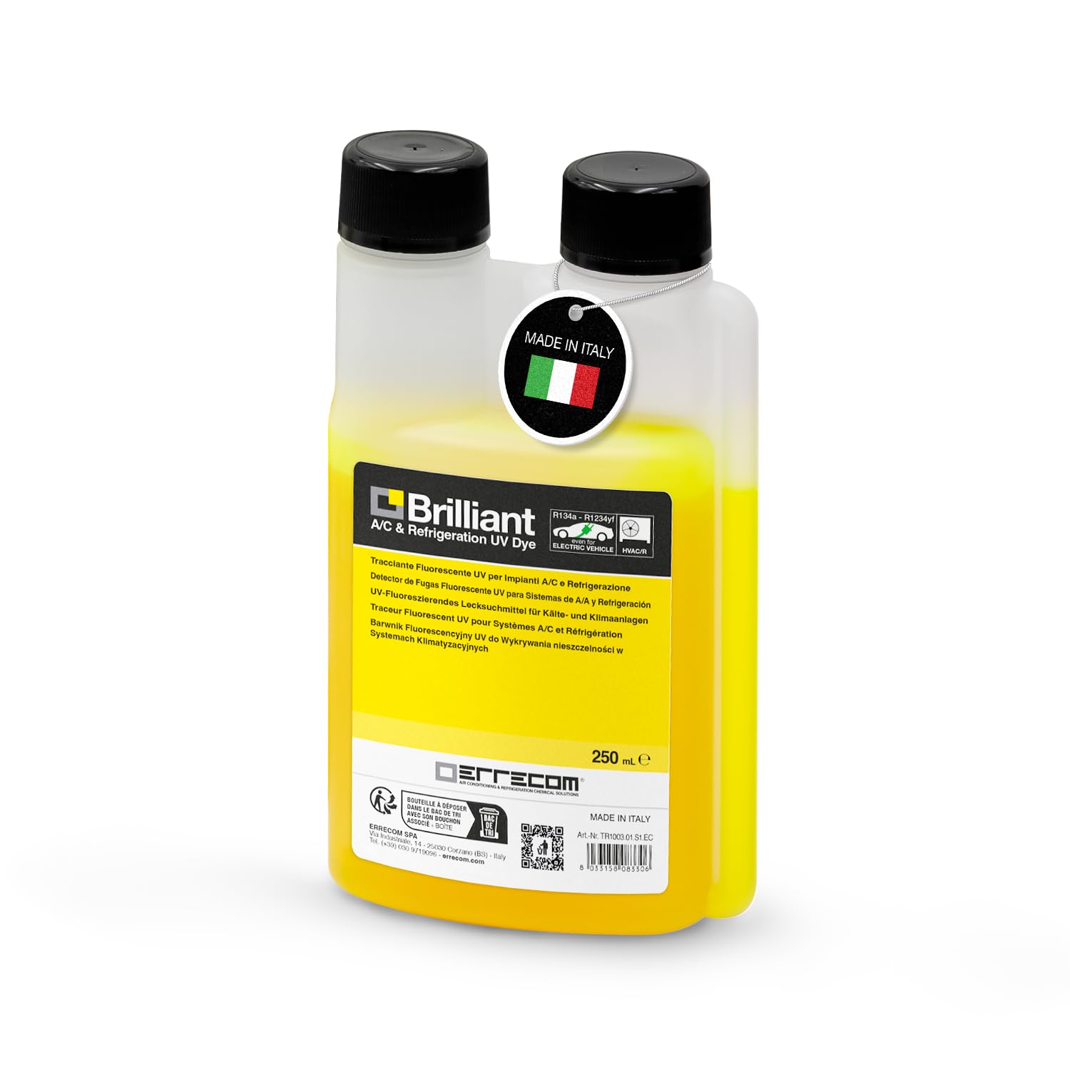 Errecom Brilliant - 250 ml, Fluorescent UV Dye for Detecting Refrigerant Gas Leaks in Air Conditioning and Refrigeration Systems, 250 ml bottle with dispenser