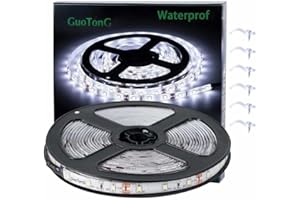 GUOTONG White LED Strip Lights, Waterproof cuttable 300 SMD 2835 LED Tape, 6000K 12V 16.4ft/5m Flexible Ribbon, Kitchen Cabinet Lighting, Outdoor/Indoor (No Power Supply)