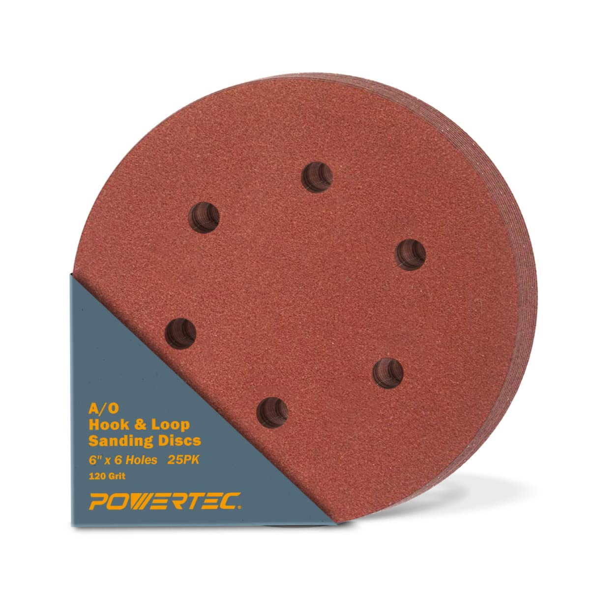 POWERTEC 45212, 120 Grit, 6 Inch 6 Hole Hook and Loop Sanding Discs, Sandpaper for Random Orbital Sander, Air Sander, Pneumatic Sander, Dual Action Sander, 25PK