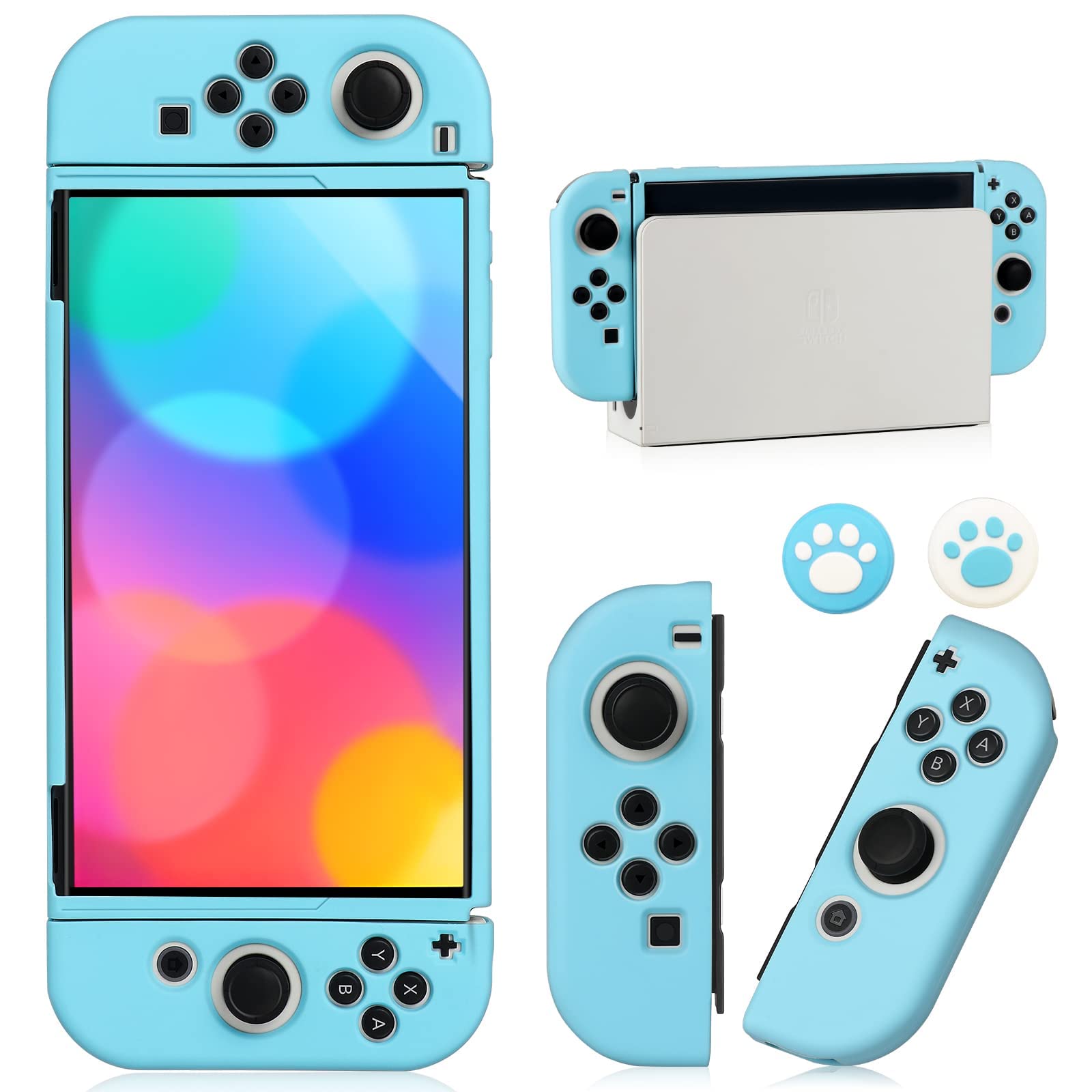 Switch OLED Case for Nintendo Switch OLED Model, Dockable Cover Soft TPU Protector Case for Switch OLED Grips & Console and Accessories with 2 Pcs Thumb Caps, Blue
