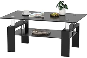 IANIYA Rectangle Tempered Glass Coffee Table Metal Tube Legs End Table for Livingroom (All Black)